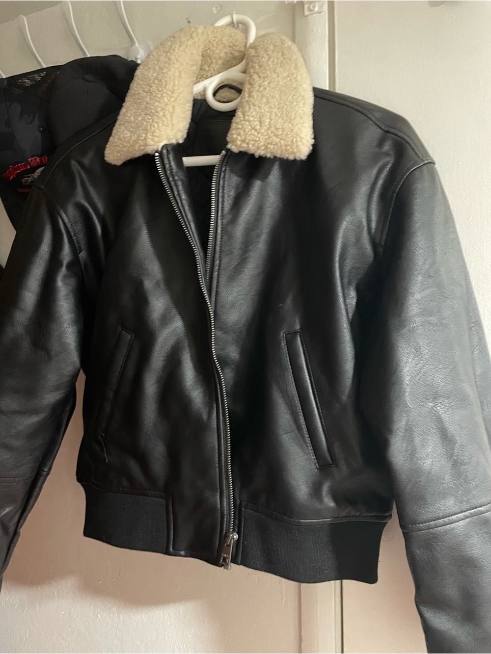 Levi’s  Black Leather Bomber Jacket with Cream Shearling Collar